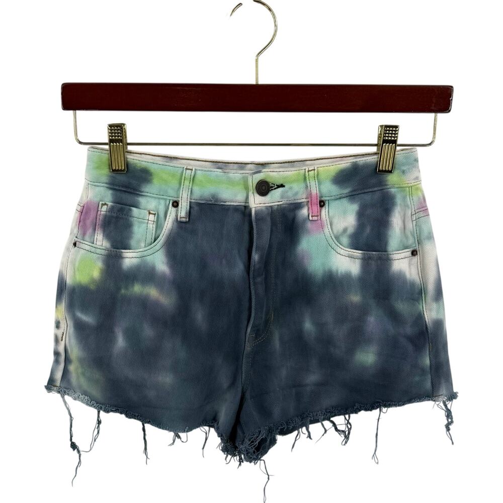 Pac Sun Womens Jean Shorts Size 26 Green Tie Dye High Rise Festival Cutoffs